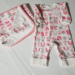 Gymboree Brand New Baby {Alpa-BEAR-Soup} Used Blanket & 0-3 month Romper.